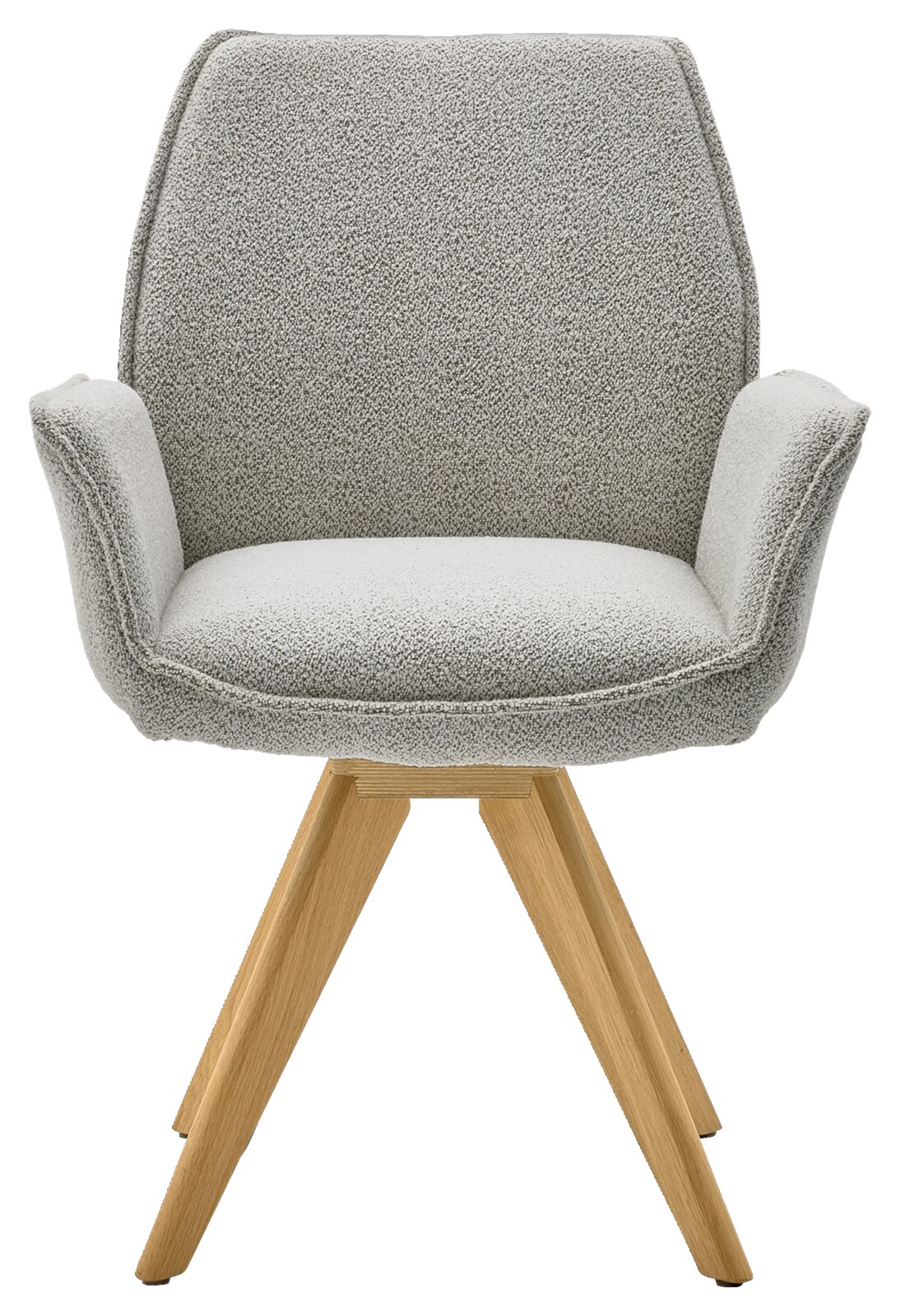 Grijze fauteuil met houten poten, vooraanzicht