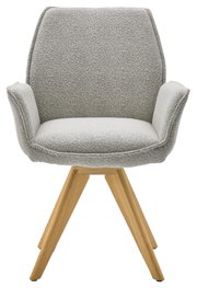 Grijze fauteuil met houten poten, vooraanzicht