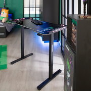Gaming-Tisch mit LED-Beleuchtung und Minecraft-Design, seitliche Perspektive