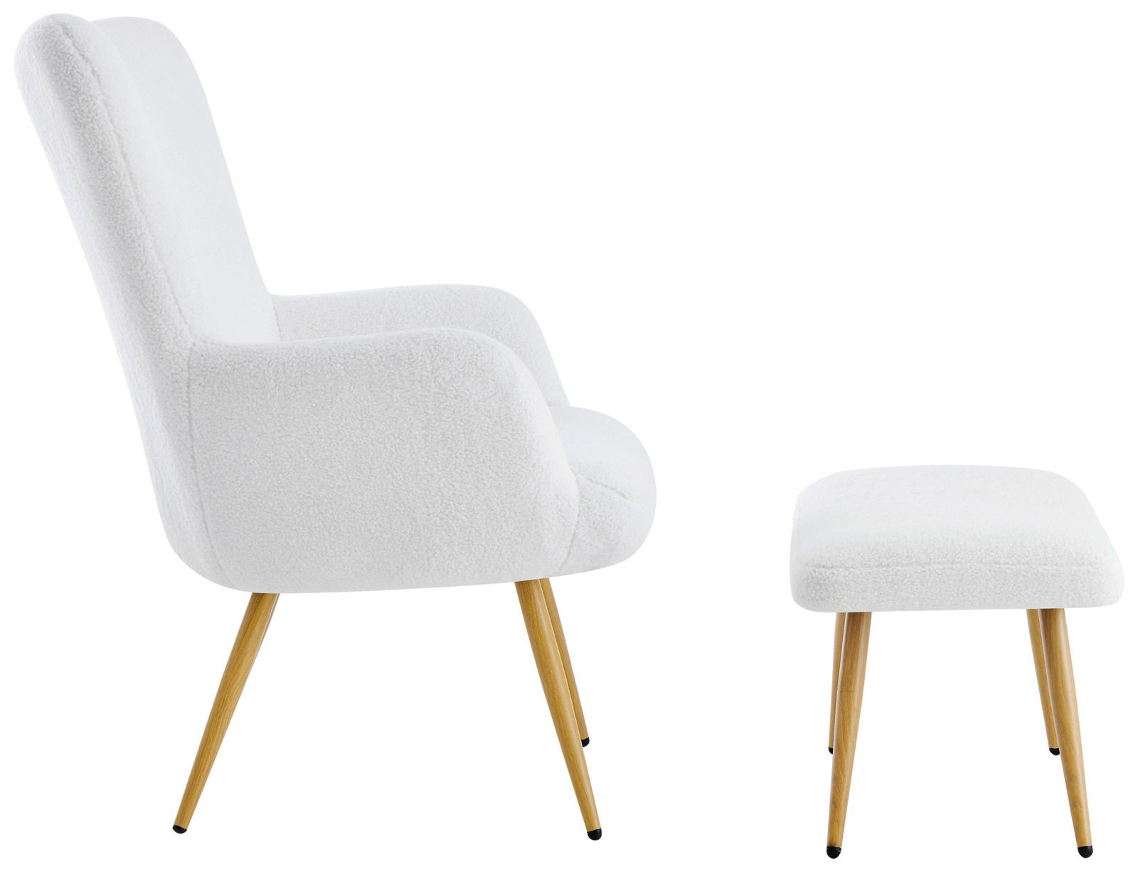 Seitliche Ansicht eines weißen Sessels mit passendem Hocker, beide mit Holzbeinen.