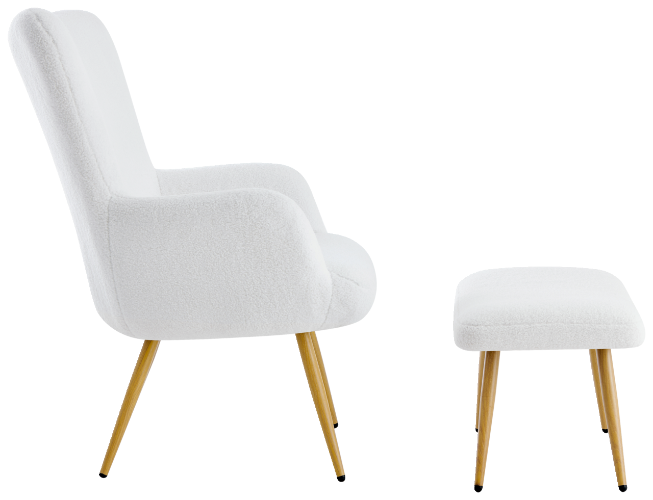 Seitliche Ansicht eines weißen Sessels mit passendem Hocker, beide mit Holzbeinen.