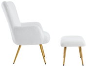 Zijaanzicht van een witte fauteuil met bijpassende poef, beide met houten poten.