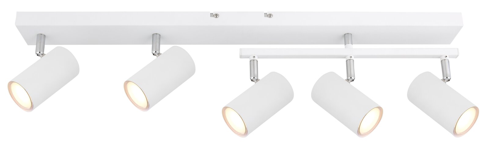 Moderner weißer Strahler mit fünf verstellbaren Leuchten, seitliche Perspektive