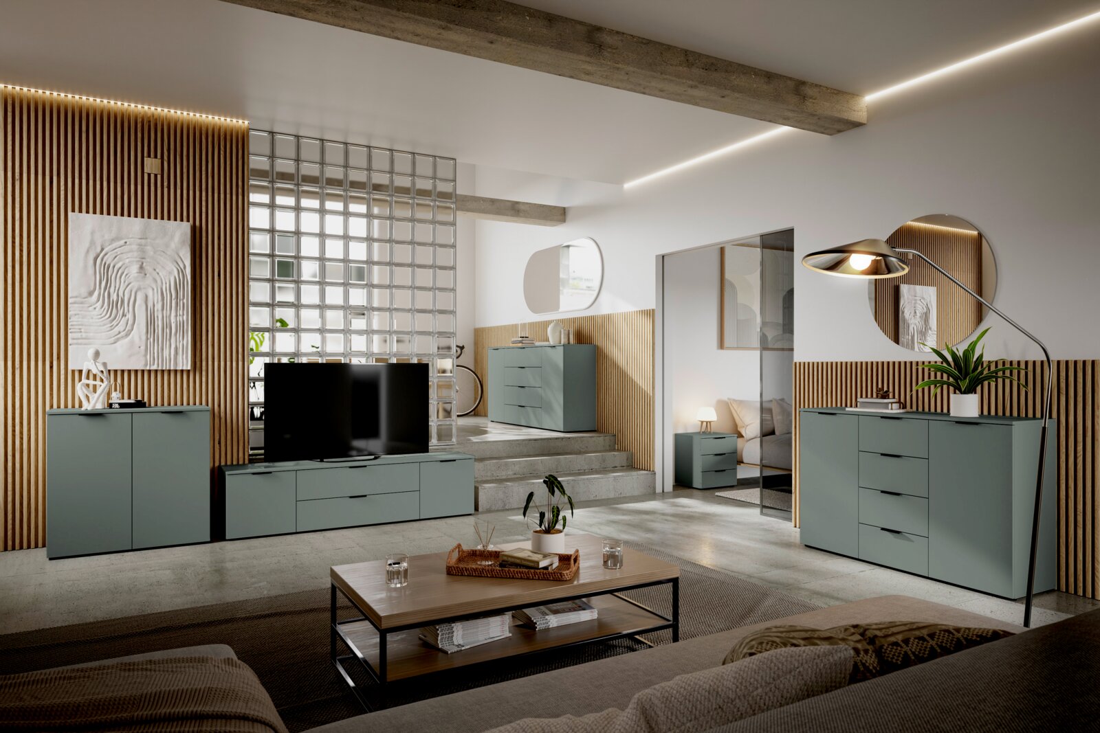 Modernes Wohnzimmer mit Sideboard in mattem Grün, TV-Schrank und stilvoller Dekoration, seitliche Perspektive.
