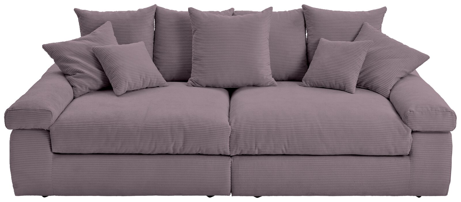 Großes, gemütliches Sofa in grauer Farbe mit mehreren Kissen, Vorderansicht