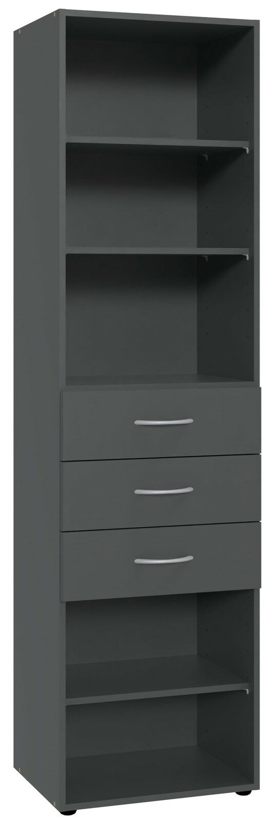 XORA Regal hoch MULTIRAUMKONZEPT Graues hohes Regal mit mehreren offenen Fächern und drei Schubladen, Frontalansicht