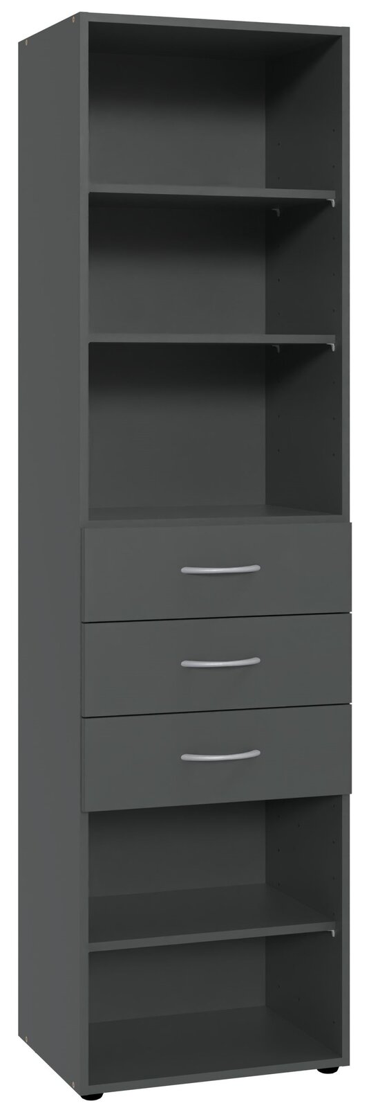 XORA Regal hoch MULTIRAUMKONZEPT Graues hohes Regal mit mehreren offenen Fächern und drei Schubladen, Frontalansicht