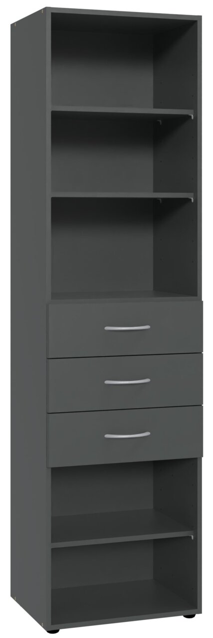 XORA Regal hoch MULTIRAUMKONZEPT Graues hohes Regal mit mehreren offenen Fächern und drei Schubladen, Frontalansicht