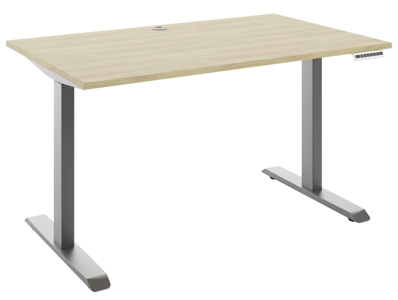 Moderner E-Schreibtisch mit Holzoberfläche und silbernen Metallbeinen, seitliche Perspektive