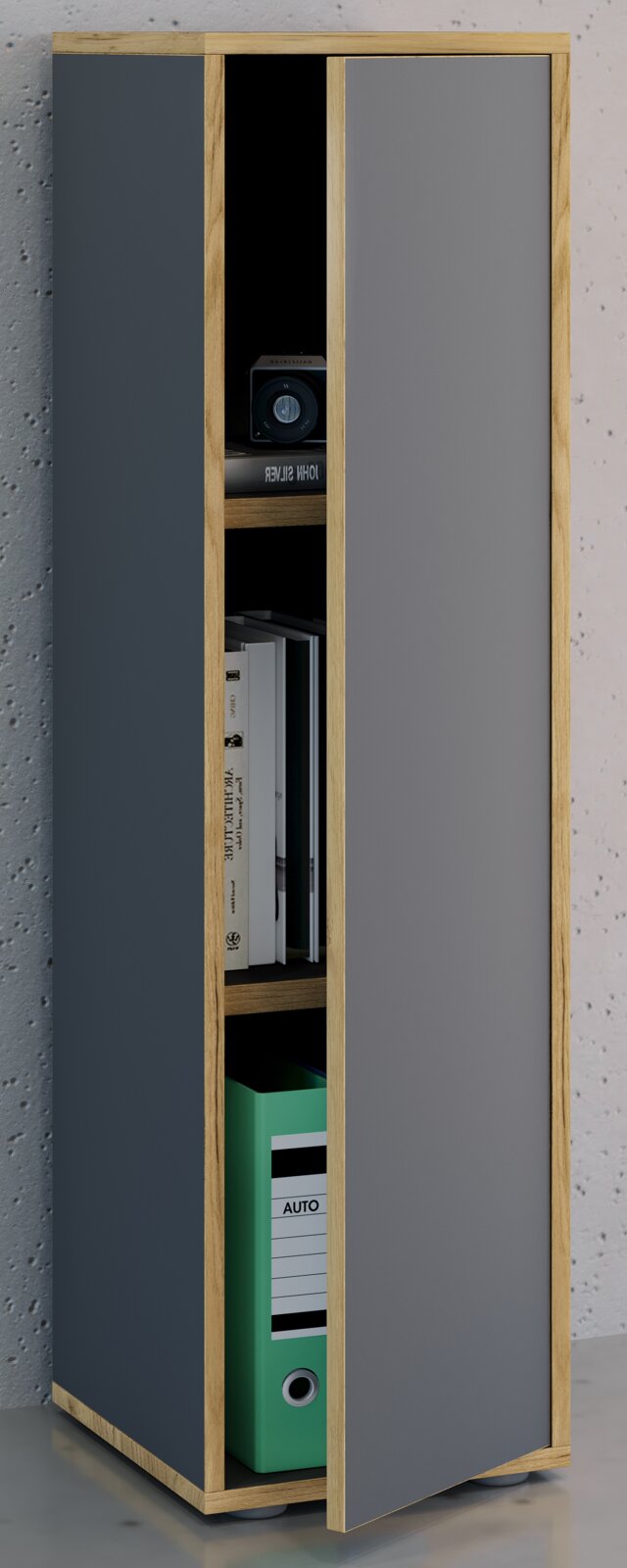 Schmaler Aktenschrank aus hellem Holz mit grauen Fronten, eine Tür geöffnet und mit Ordnern/Büchern gefüllt Perspektive: frontale Ansicht mit leichtem Blick von links.