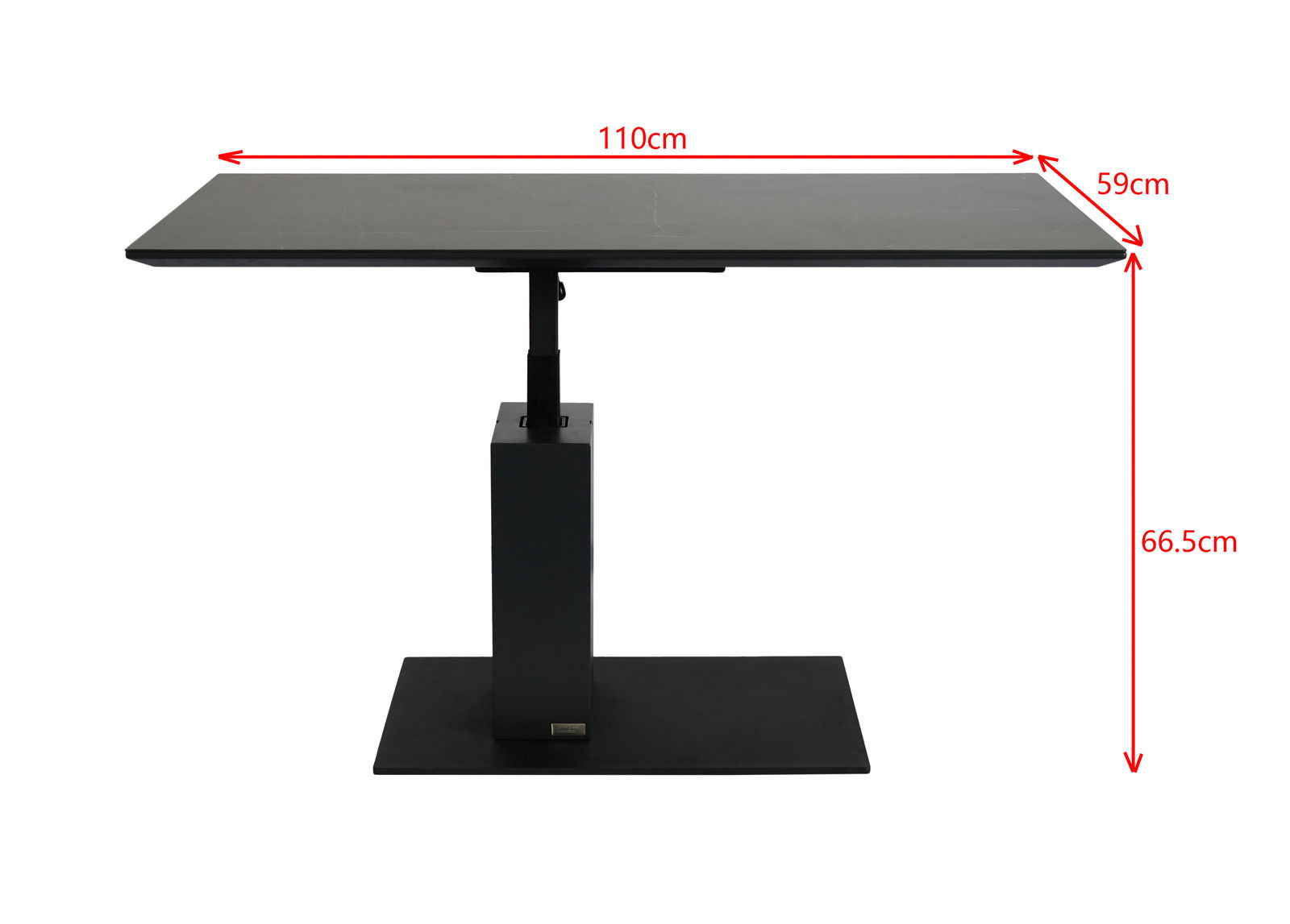 Moderner Couchtisch in seitlicher Ansicht mit schwarzer Oberfläche und verstellbarem Gestell, Maße 110 cm x 59 cm x 66,5 cm.