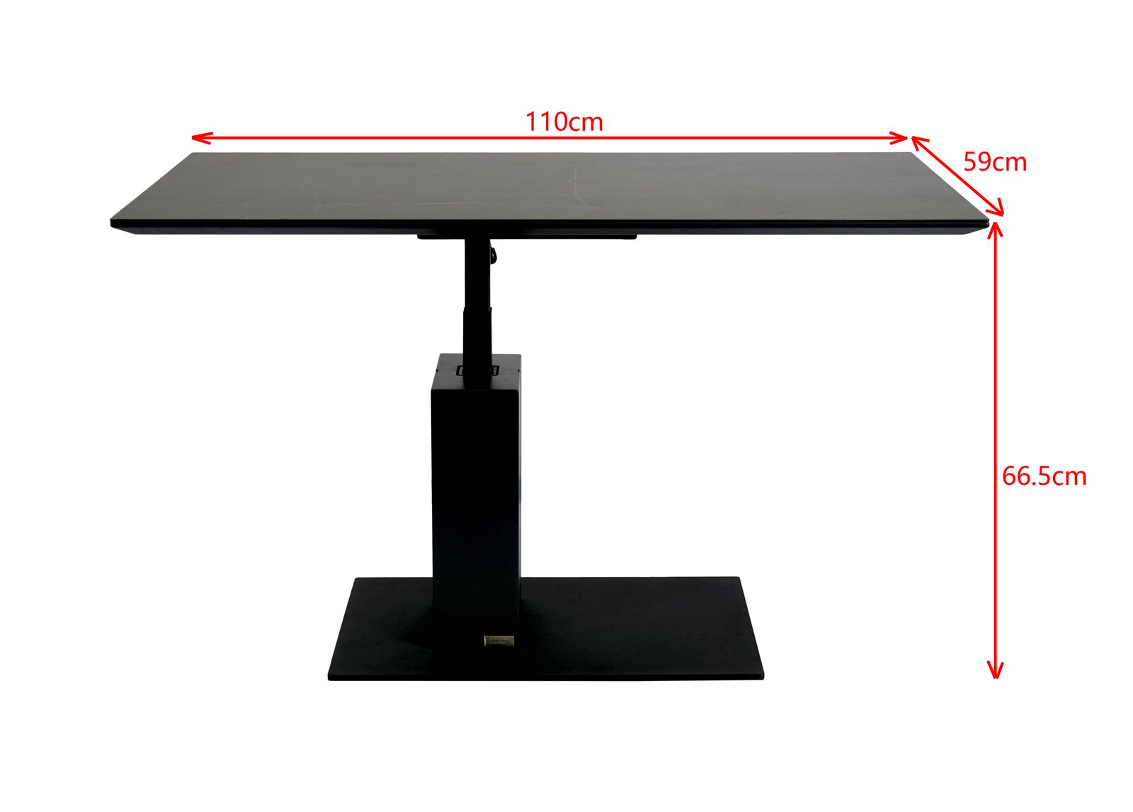 Moderner Couchtisch in seitlicher Ansicht mit schwarzer Oberfläche und verstellbarem Gestell, Maße 110 cm x 59 cm x 66,5 cm.