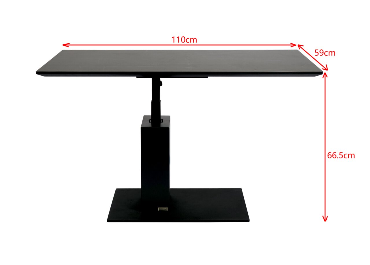 Moderne salontafel in zijaanzicht met een zwart oppervlak en een verstelbaar onderstel, afmetingen 110 cm x 59 cm x 66,5 cm.