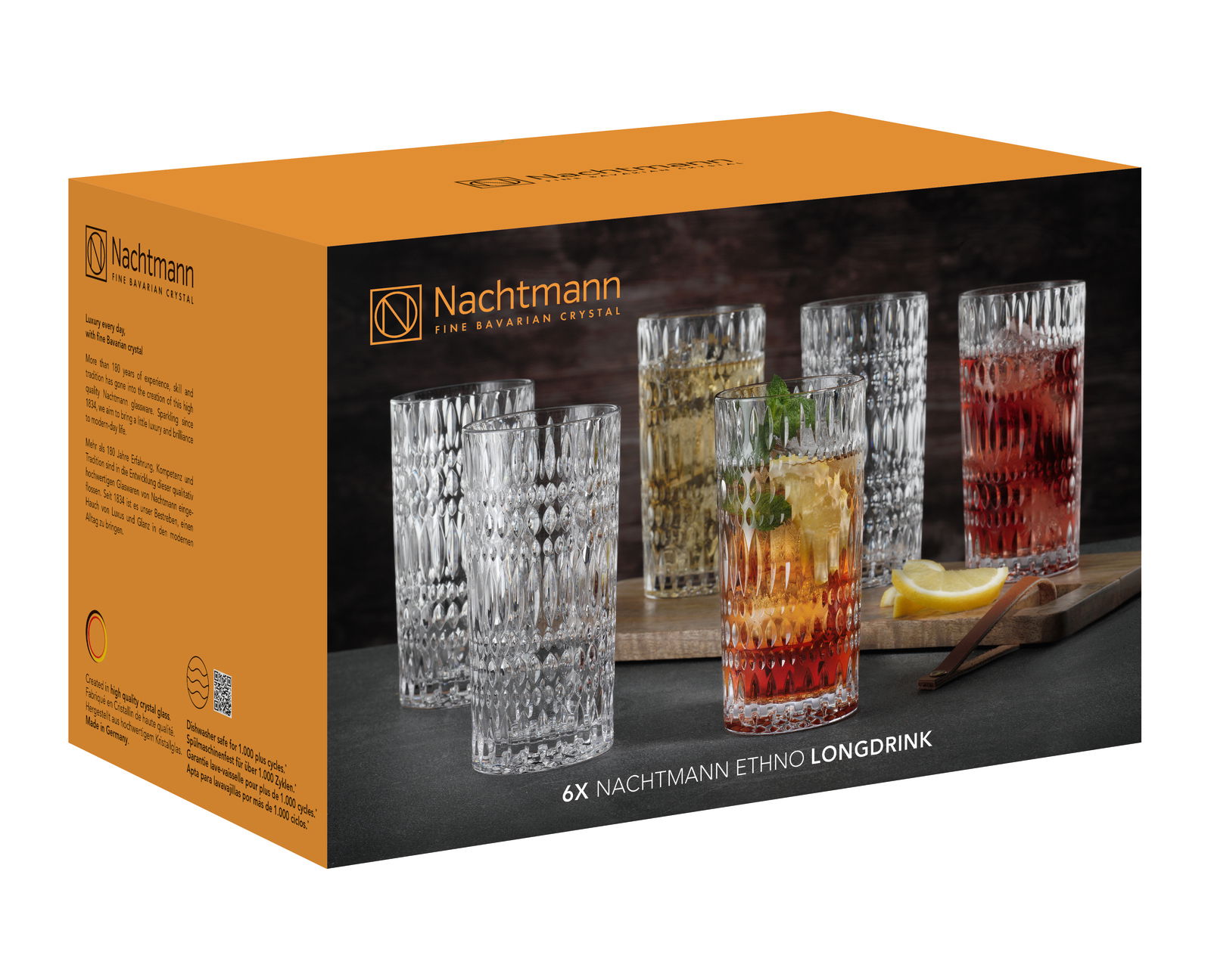 Verpackung mit sechs Nachtmann Ethno Longdrinkgläsern, frontal und seitlich abgebildet, mit verschiedenen Getränken gefüllt.