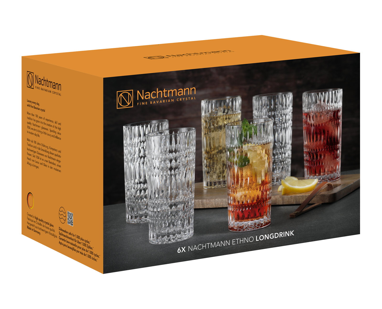 Verpackung mit sechs Nachtmann Ethno Longdrinkgläsern, frontal und seitlich abgebildet, mit verschiedenen Getränken gefüllt.