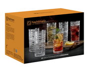Verpackung mit sechs Nachtmann Ethno Longdrinkgläsern, frontal und seitlich abgebildet, mit verschiedenen Getränken gefüllt.