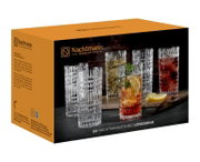 Verpackung mit sechs Nachtmann Ethno Longdrinkgläsern, frontal und seitlich abgebildet, mit verschiedenen Getränken gefüllt.