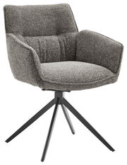 Grauer Armlehnstuhl mit gepolstertem Sitz und Rückenlehne, auf schwarzem Metallgestell, seitliche Perspektive