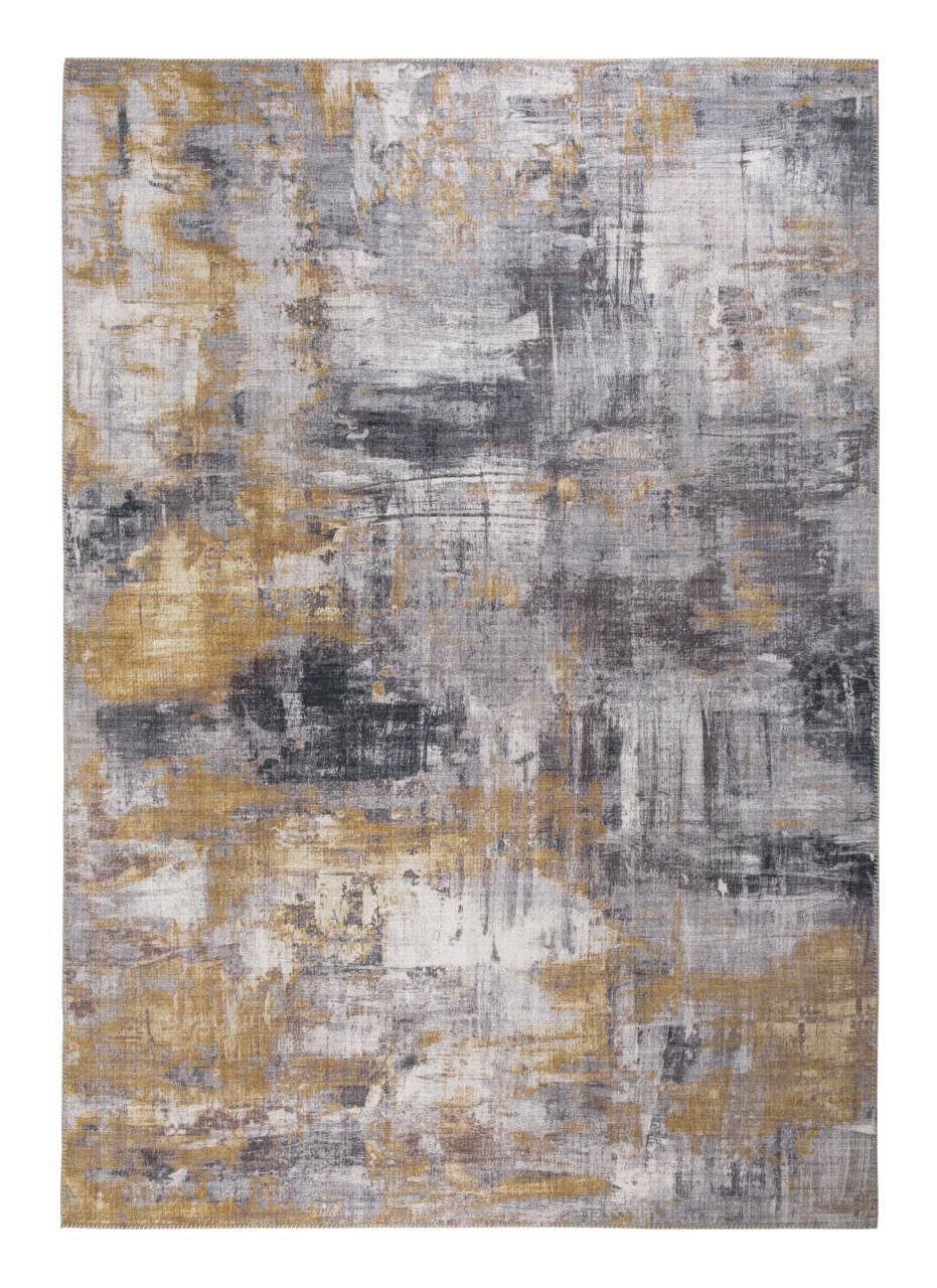 Moderner Teppich in abstraktem Design mit grauen und goldenen Farbtönen, Draufsicht