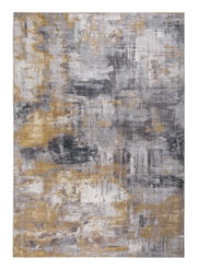 Modern tapijt met een abstract patroon in grijze en gouden tinten, bovenaanzicht