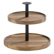 Zweistöckige Etagere aus Holz mit schwarzem Metallstab, seitliche Perspektive