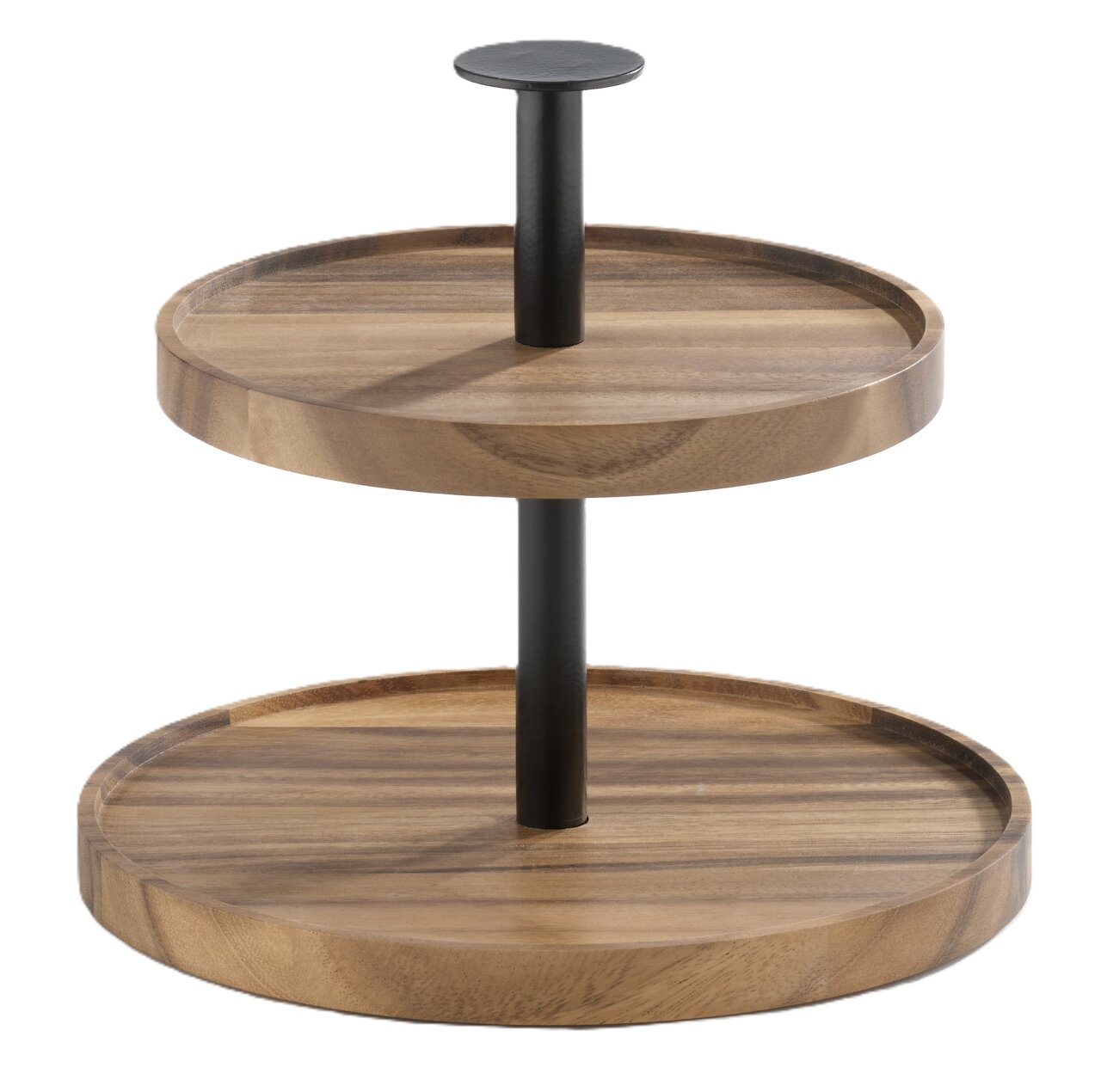 Zweistöckige Etagere aus Holz mit schwarzem Metallstab, seitliche Perspektive