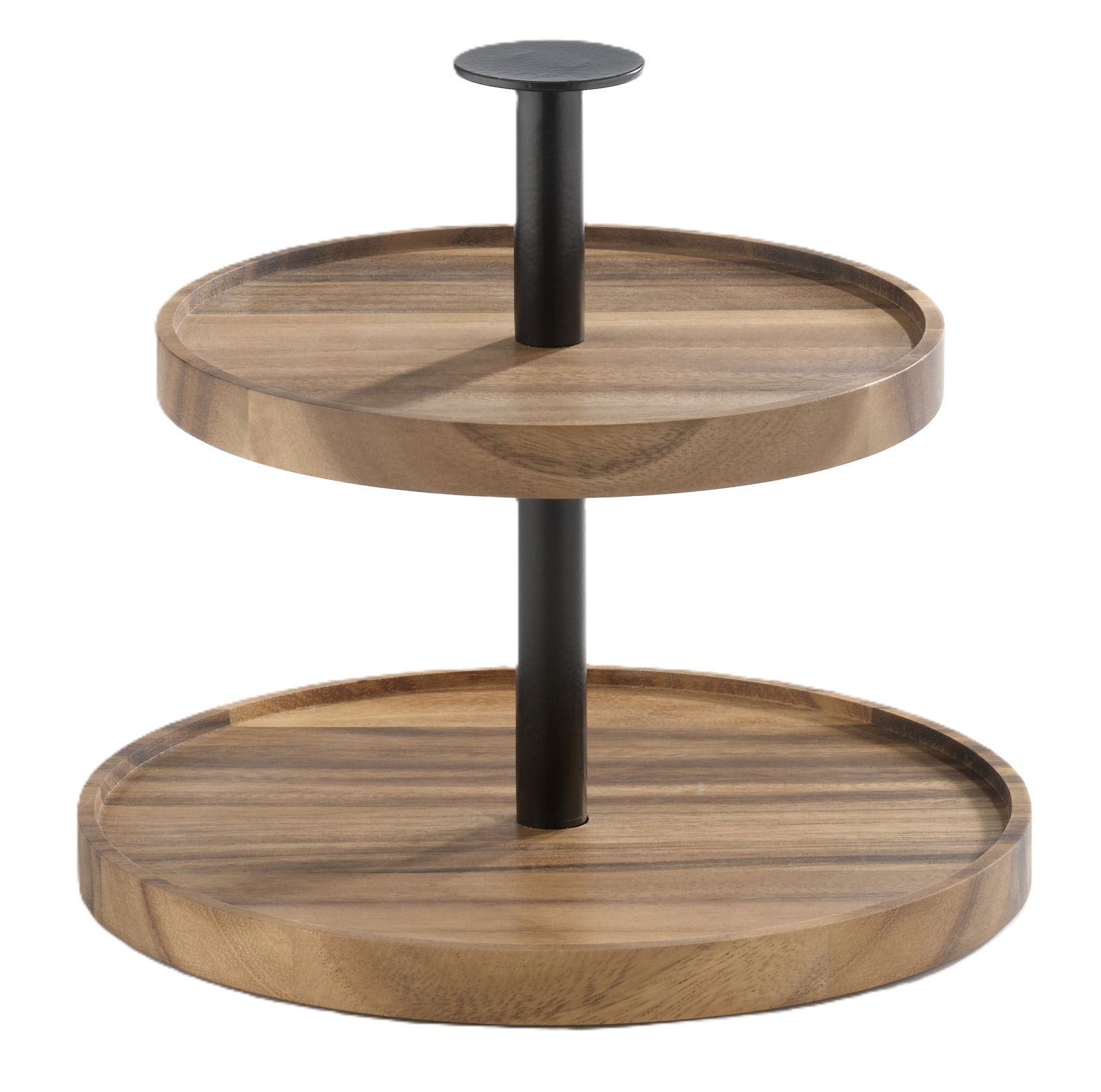 Zweistöckige Etagere aus Holz mit schwarzem Metallstab, seitliche Perspektive