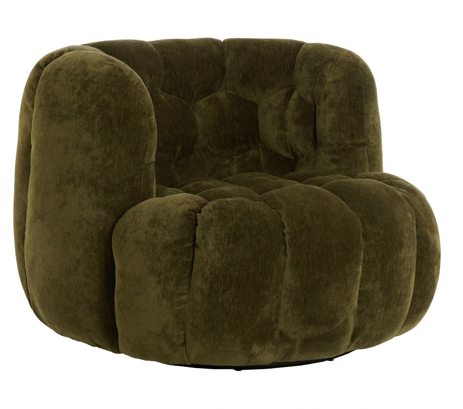 Gemütlicher, olivgrüner Sessel mit weicher Polsterung, seitliche Perspektive