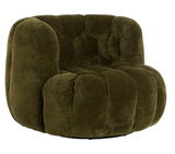 Gemütlicher, olivgrüner Sessel mit weicher Polsterung, seitliche Perspektive