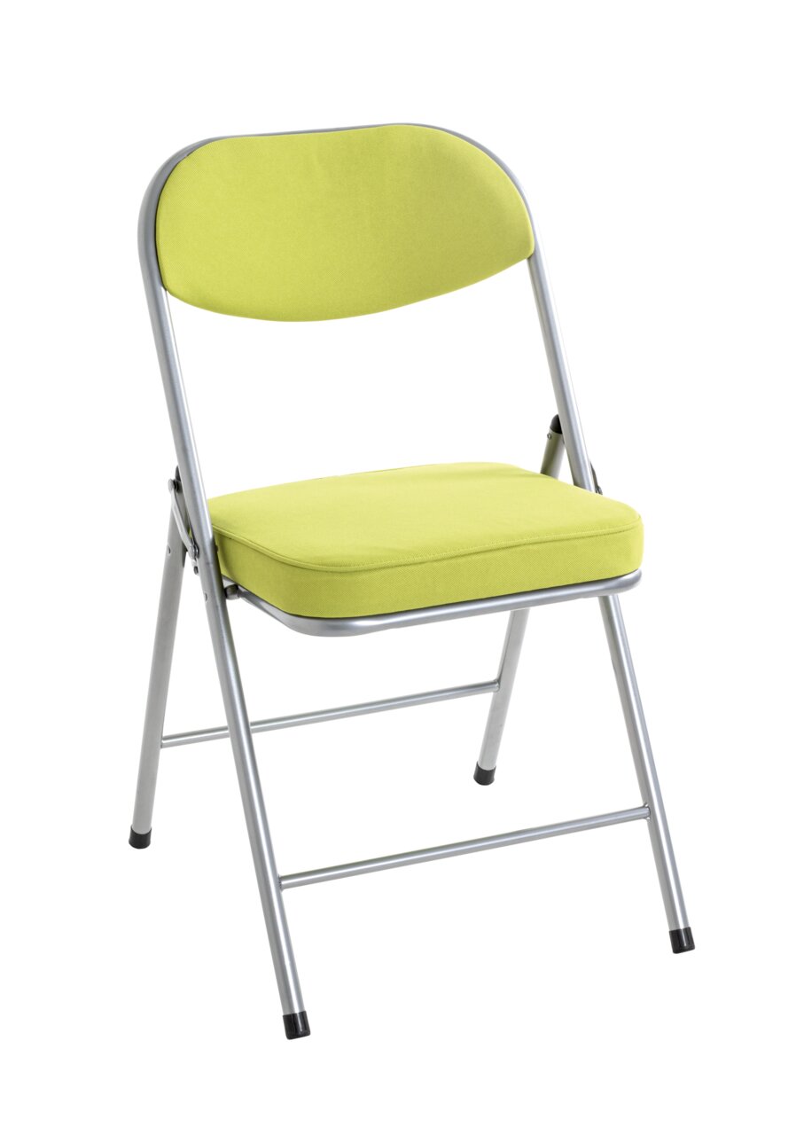 Groene klapstoel met metalen frame, vooraanzicht