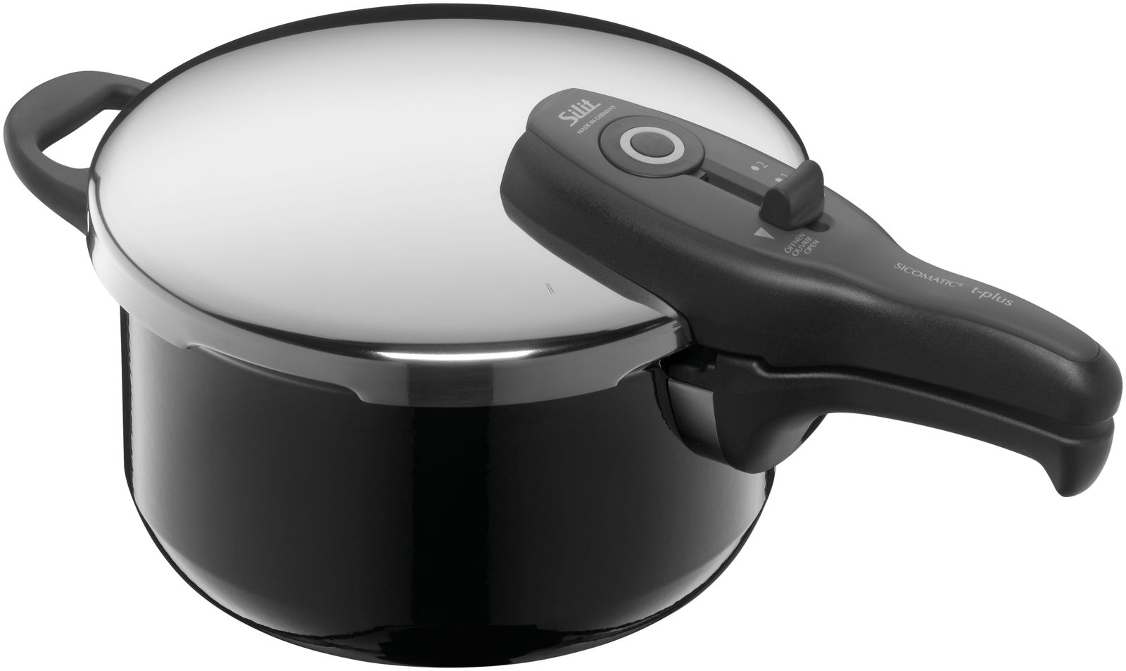 Sicht von oben auf einen schwarzen Schnellkochtopf Sicomatic t-Plus mit glänzendem Deckel und ergonomischem Griff.