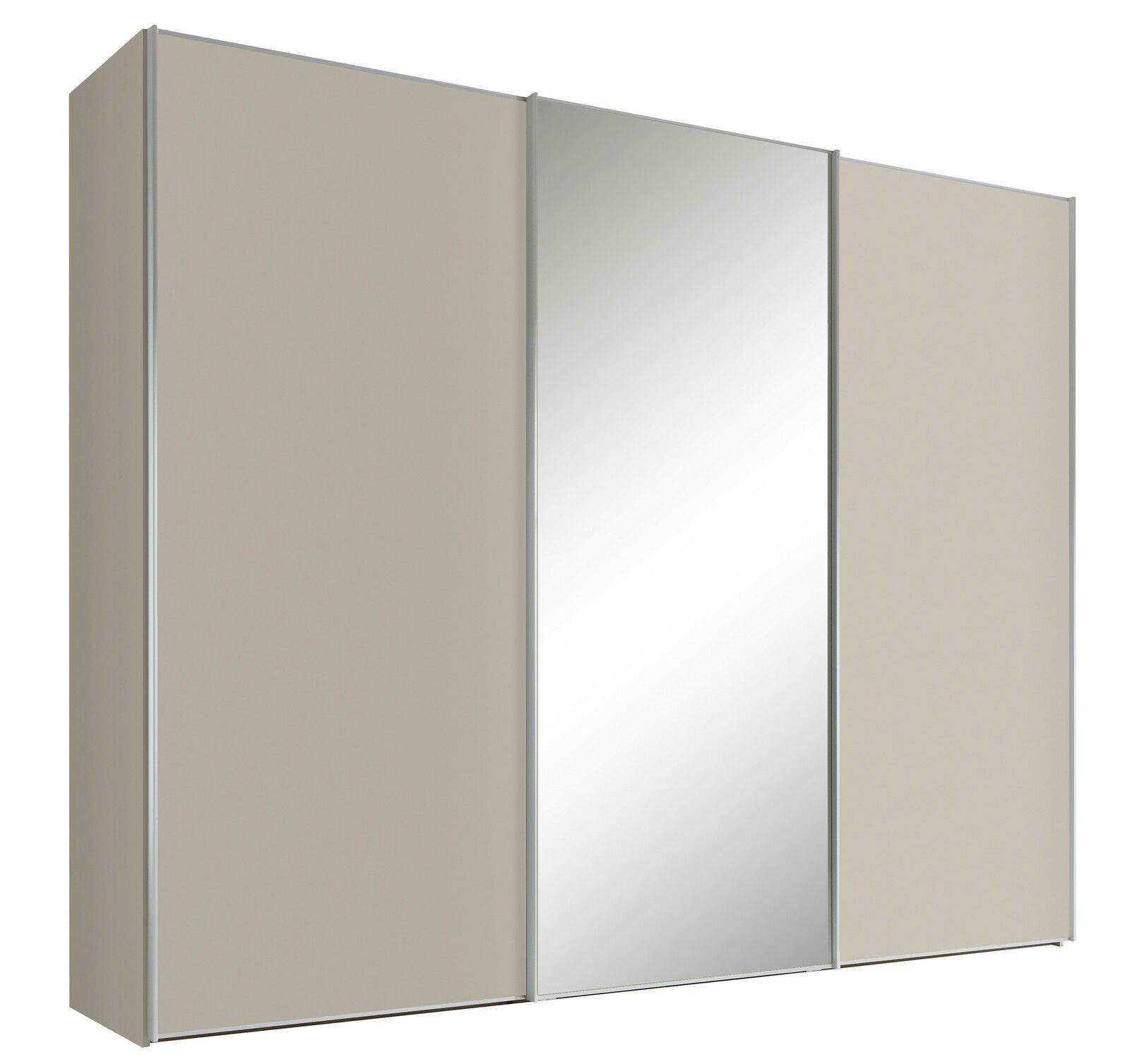 Schwebetürenschrank mit drei Türen, mittlere Tür mit Spiegel, seitliche Perspektive