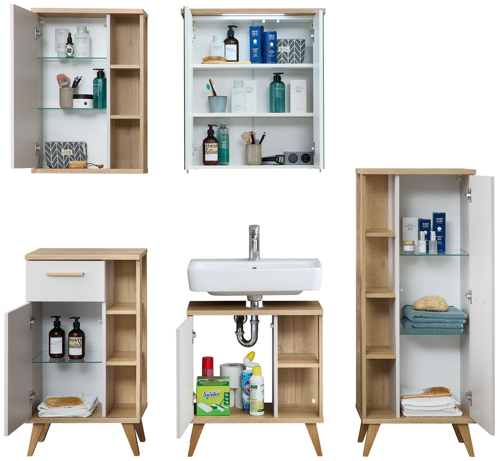 Verschiedene Ansichten von Badezimmer-Unterschränken aus Holz mit weißen Türen, gefüllt mit Pflegeprodukten und Handtüchern. Perspektive: Frontalansicht.