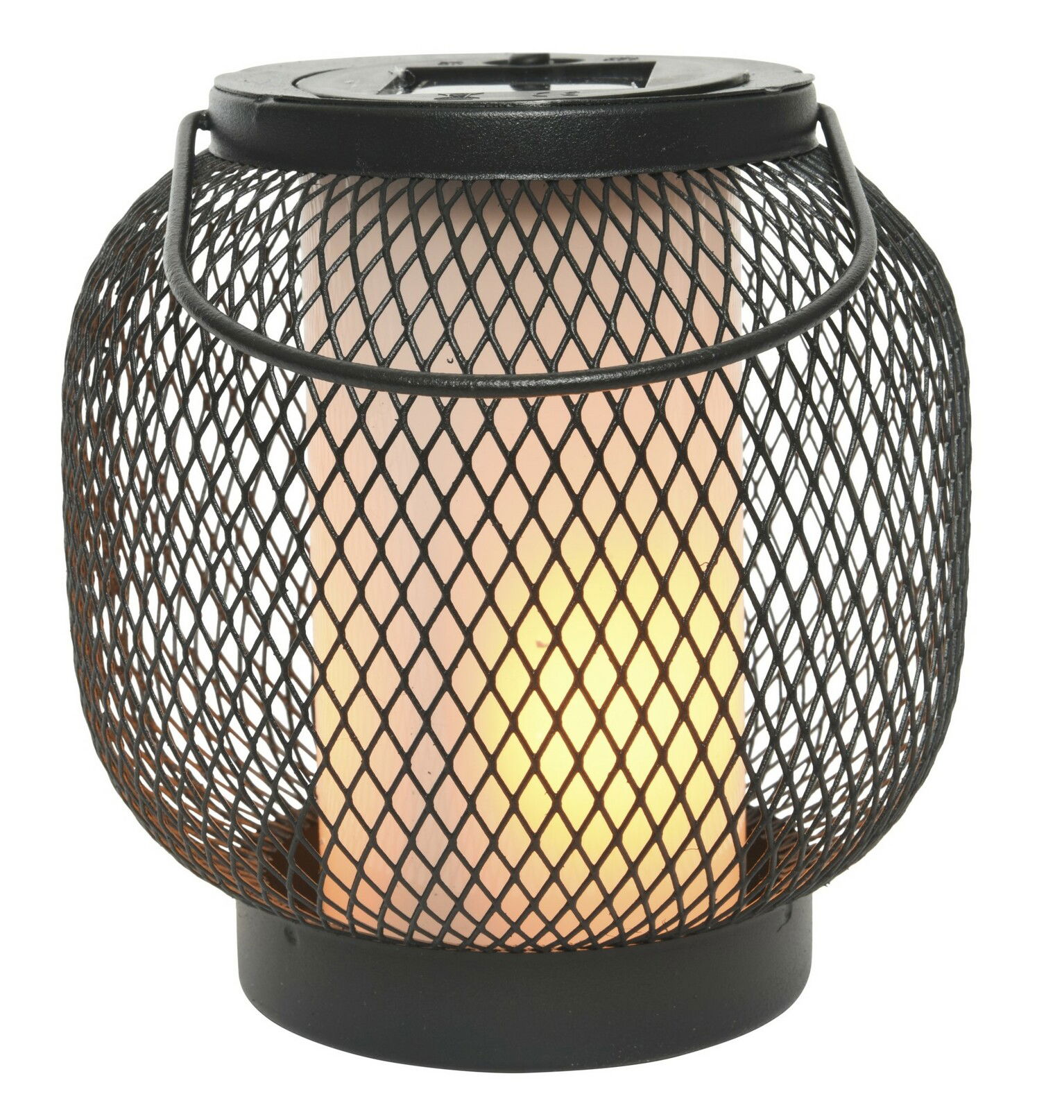 Lumineo Solar Laterne metall Schwarze Solar Laterne aus Metall mit Gitterdesign, leuchtend von innen, seitliche Perspektive