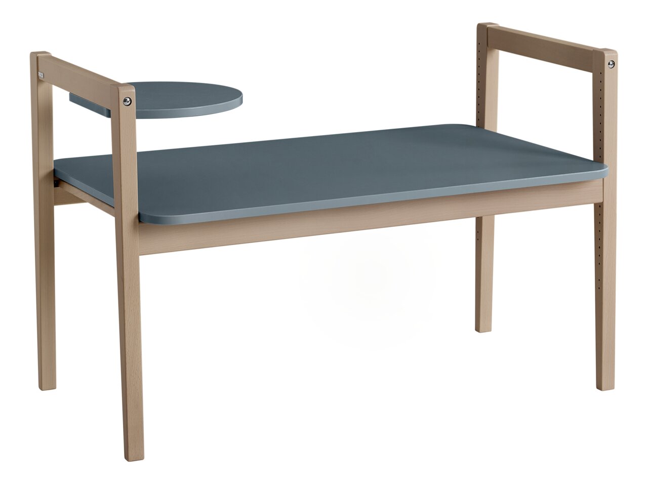 Zijaanzicht van een moderne, tweedelige kast met een blauwe plank en een rond, verhoogd opbergvak, ondersteund door een lichtgekleurd houten frame.