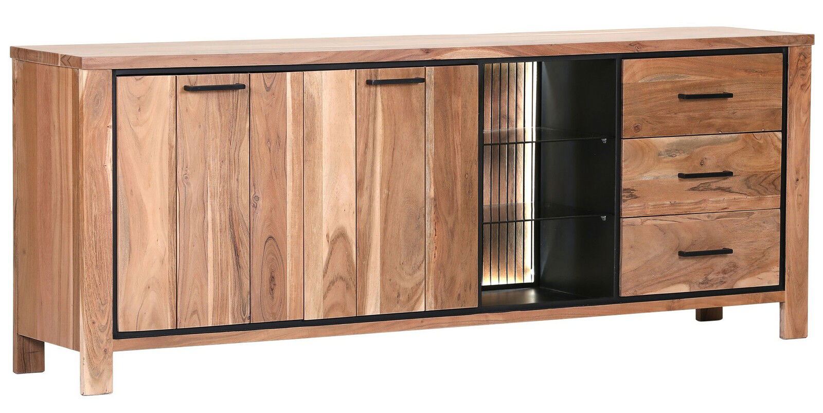 Holz-Sideboard mit zwei Türen, drei Schubladen und einem offenen Regalbereich, aus seitlicher Perspektive