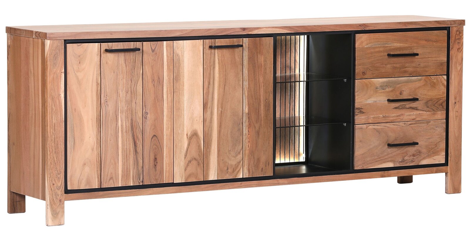Holz-Sideboard mit zwei Türen, drei Schubladen und einem offenen Regalbereich, aus seitlicher Perspektive
