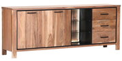 Holz-Sideboard mit zwei Türen, drei Schubladen und einem offenen Regalbereich, aus seitlicher Perspektive