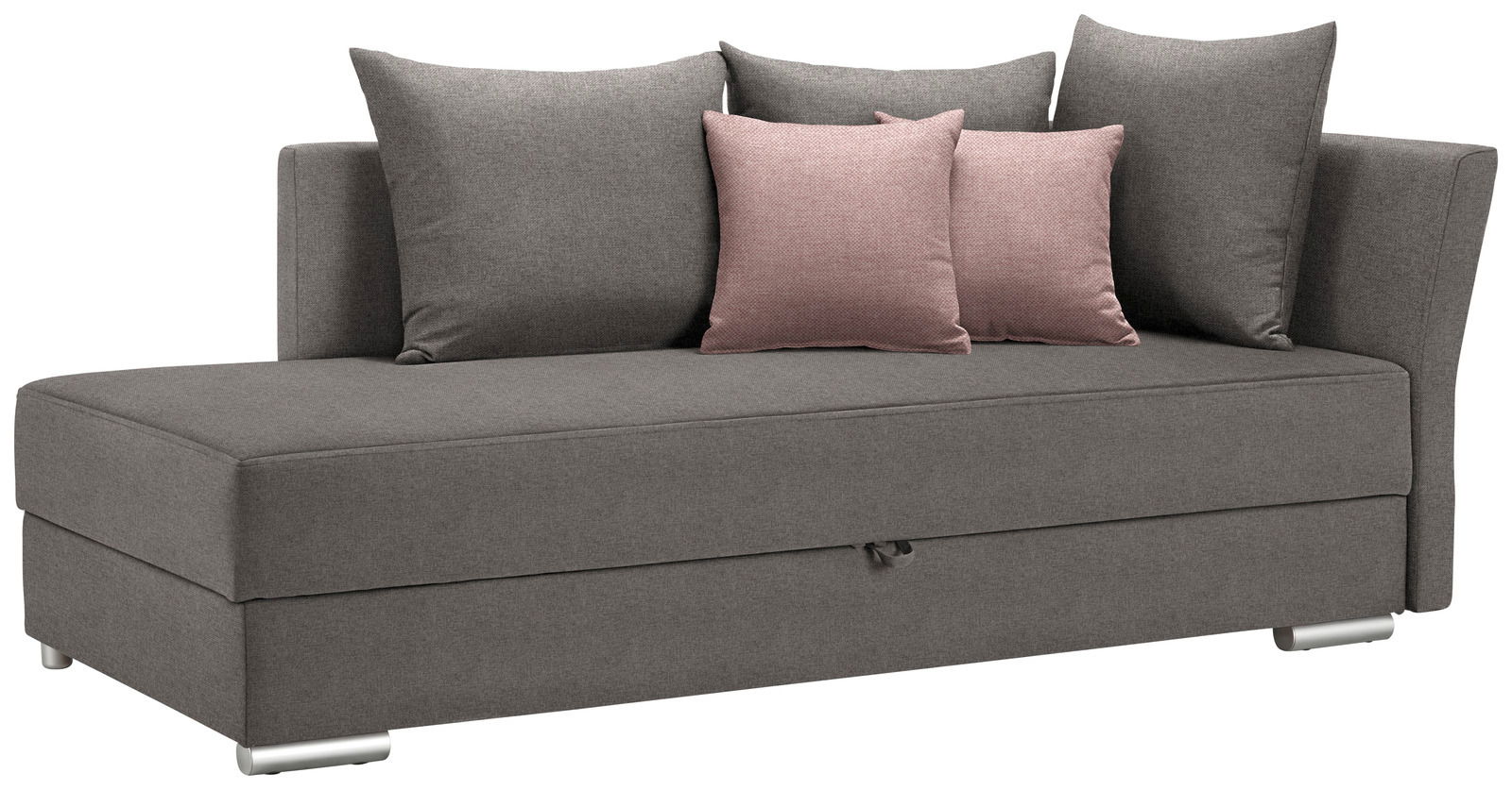 Graues Funktionssofa mit drei großen Rückenkissen und zwei kleineren rosa Zierkissen, seitliche Perspektive.