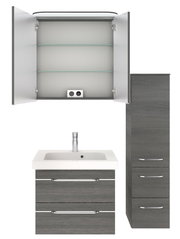 Badezimmermöbel-Set bestehend aus einem Waschbeckenunterschrank mit zwei Schubladen, einem hohen Schrank mit drei Fächern und einem Spiegelschrank mit zwei Türen und Glasböden, aus der Frontansicht.