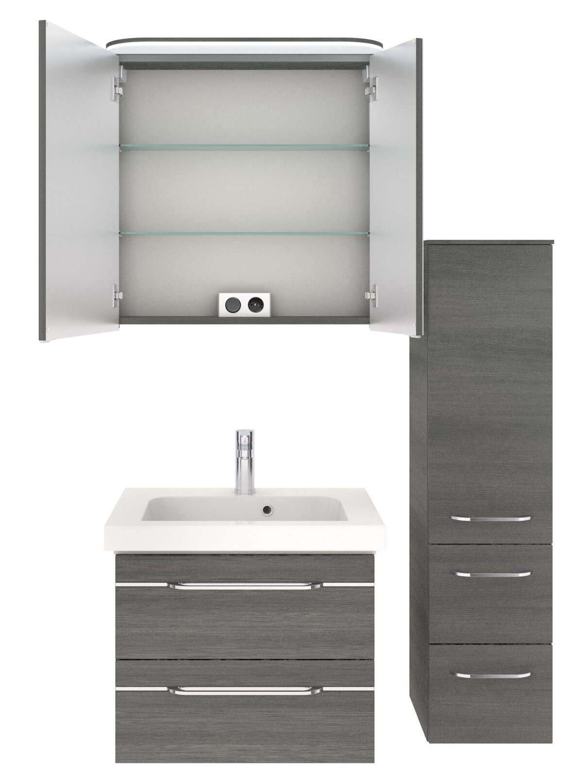 Badezimmermöbel-Set bestehend aus einem Waschbeckenunterschrank mit zwei Schubladen, einem hohen Schrank mit drei Fächern und einem Spiegelschrank mit zwei Türen und Glasböden, aus der Frontansicht.