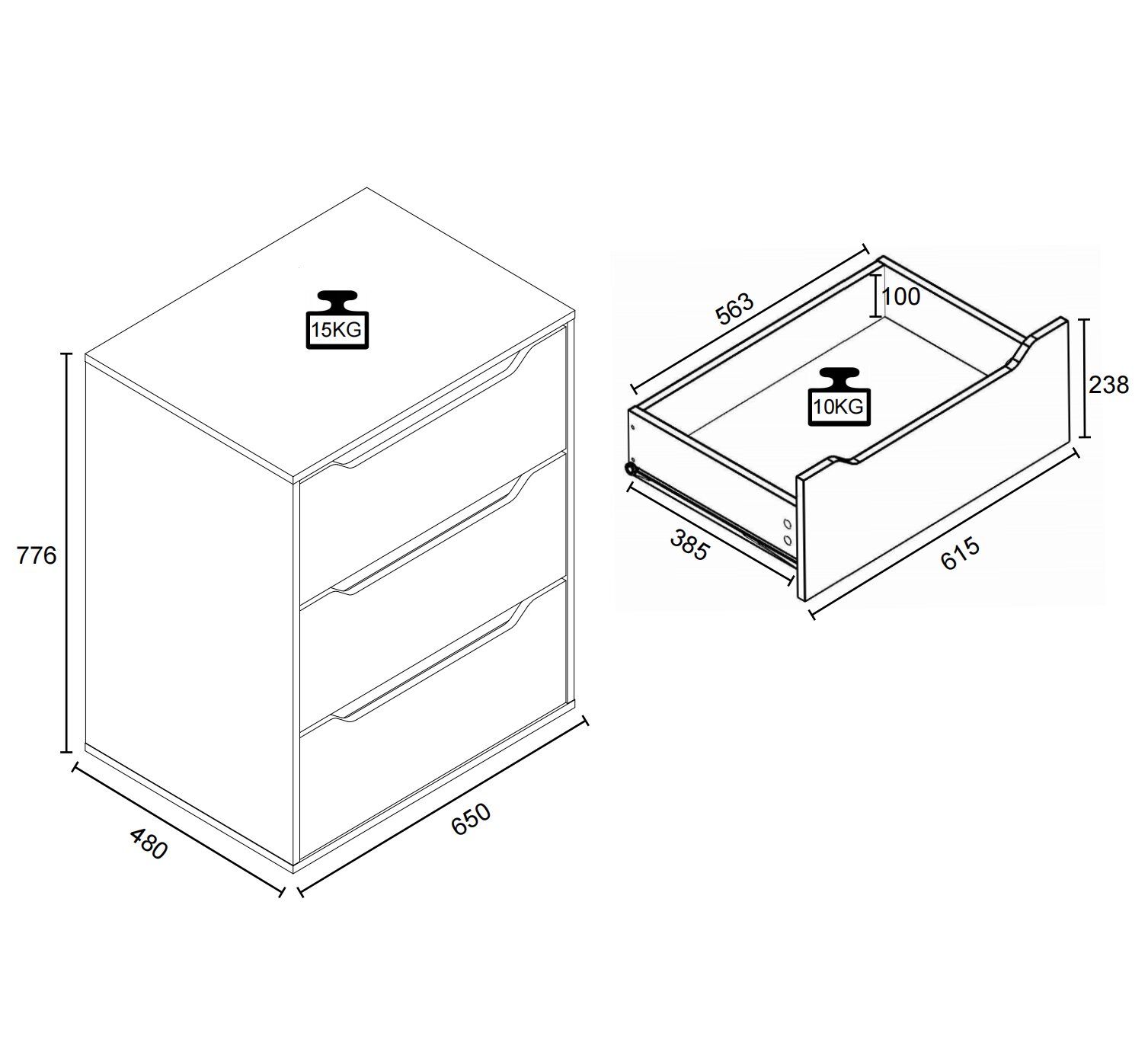 Technische Skizze einer 3-schubladigen Kommode mit Maßen 650 × 480 × 776 mm und Belastbarkeit 15 kg, daneben Detailansicht einer Schublade mit Maßen 615 × 563 × 238 mm (Innenhöhe 100 mm) und Belastbarkeit 10 kg; Perspektive: isometrische Ansicht schräg vo