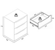 Technische Skizze einer 3-schubladigen Kommode mit Maßen 650 × 480 × 776 mm und Belastbarkeit 15 kg, daneben Detailansicht einer Schublade mit Maßen 615 × 563 × 238 mm (Innenhöhe 100 mm) und Belastbarkeit 10 kg; Perspektive: isometrische Ansicht schräg vo