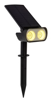 Solarleuchte mit zwei LED-Lampen und Solarpanel, seitliche Perspektive