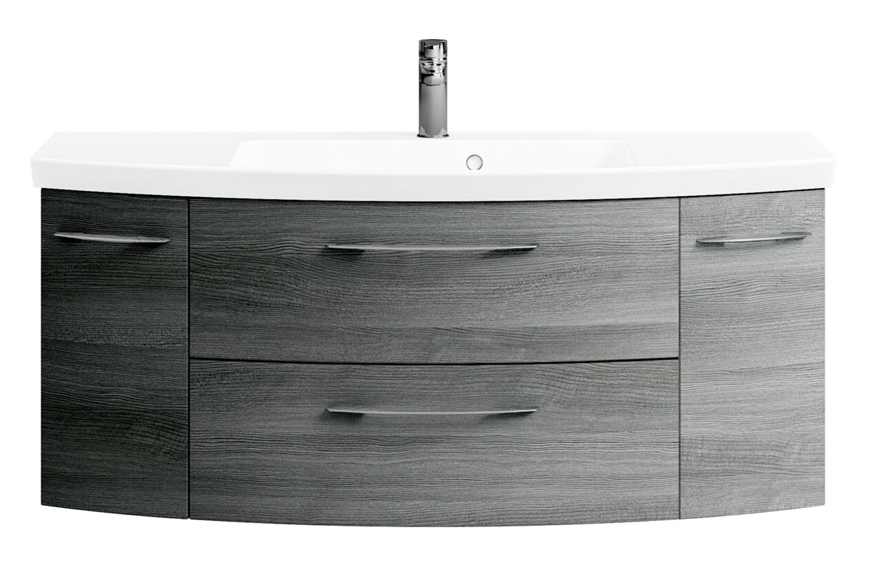 Moderner Waschtisch mit grauer Holzoptik und weißem Waschbecken, Frontalansicht