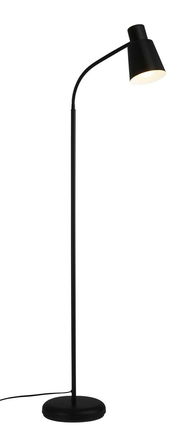 Schwarze Stehleuchte mit gebogenem Arm und konischem Lampenschirm, seitliche Perspektive