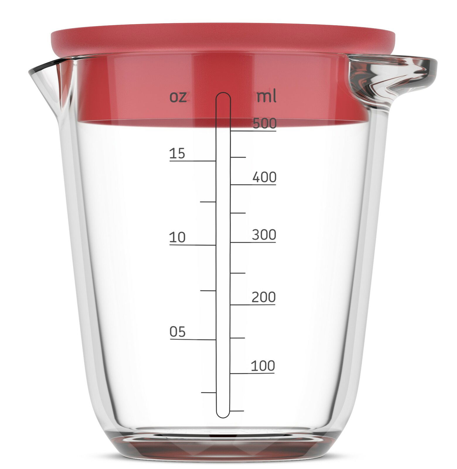 Glas-Messbecher mit rotem Deckel, 500 ml, seitliche Ansicht