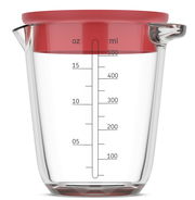 Glas-Messbecher mit rotem Deckel, 500 ml, seitliche Ansicht