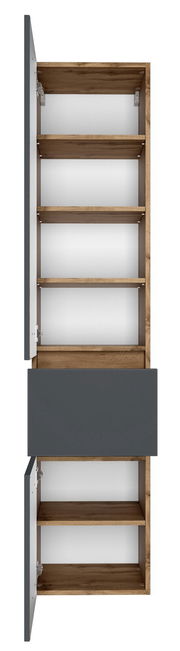 Hochschrank mit geöffneter Tür und Schublade, Ansicht von vorne, mit mehreren Regalböden aus Holz und grauer Front.