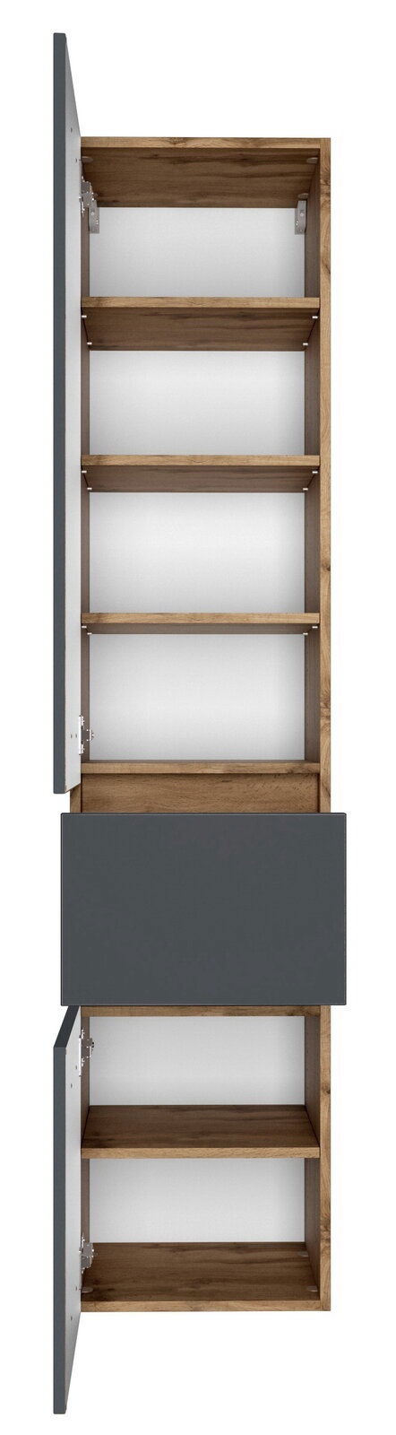 Hochschrank mit geöffneter Tür und Schublade, Ansicht von vorne, mit mehreren Regalböden aus Holz und grauer Front.